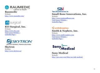 Raumedic
Website:
http://www.raumedic.com/
RTI Surgical, Inc.
Website:
http://www.rtix.com
Visit Career Website »
LinkedIn Page »
Skytron
Website:
http://www.skytron.us/
Small Bone Innovations, Inc.
Website:
http://www.totalsmallbone.com
Visit Career Website »
LinkedIn Page »
Smith & Nephew, Inc.
Website:
http://www.smith-nephew.com
Visit Career Website »
LinkedIn Page »
Sony Medical
Website:
http://pro.sony.com/bbsc/ssr/mkt-medical/
34
 