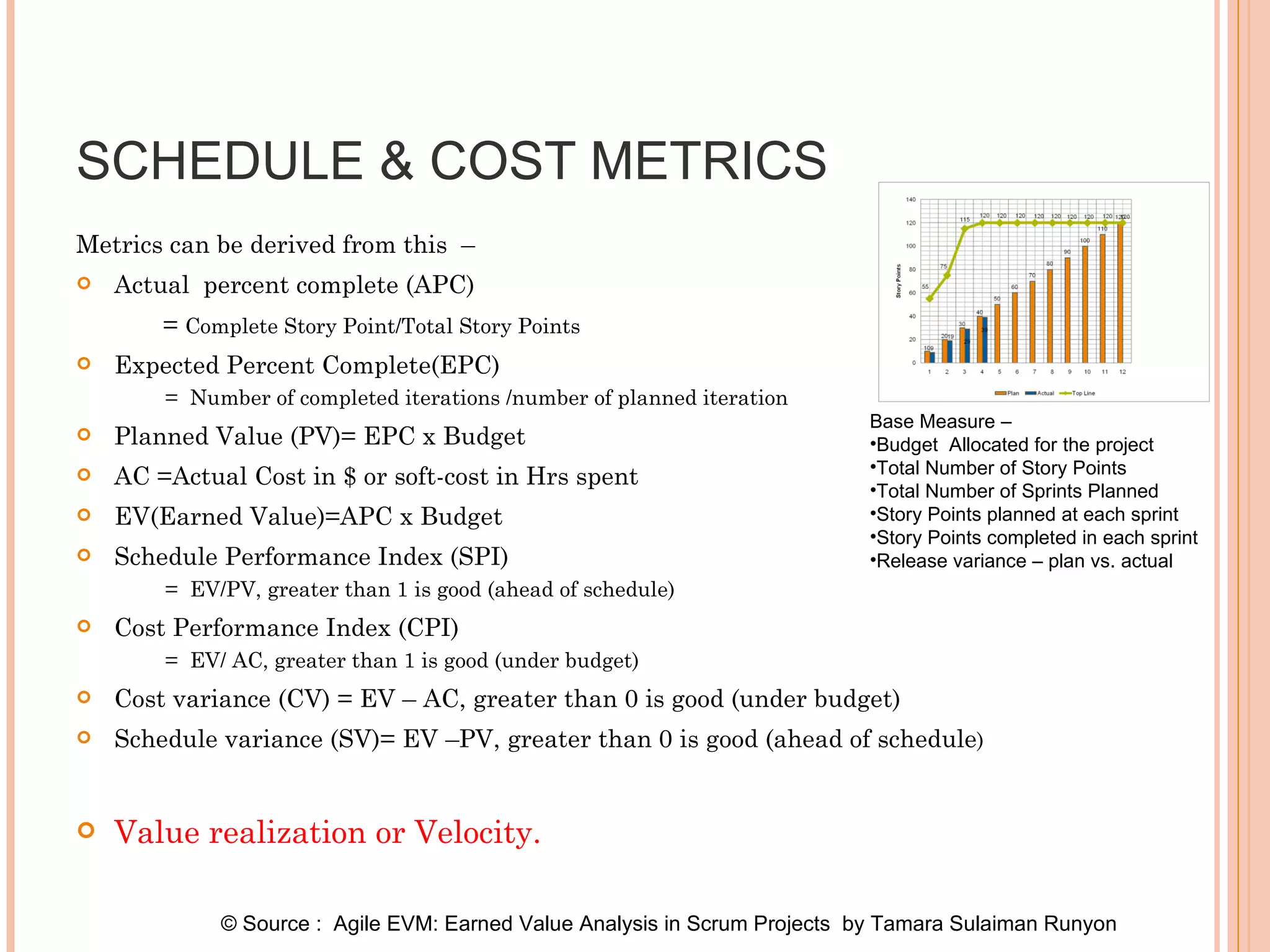 SCHEDULE & COST METRICS  Metrics can be derived from this  –  Actual  percent complete (APC)    =  Complete Story Point/Total Story Points Expected Percent Complete(EPC)  =  Number of completed iterations /number of planned iteration Planned Value (PV)= EPC x Budget AC =Actual Cost in $ or soft-cost in Hrs spent EV(Earned Value)=APC x Budget Schedule Performance Index (SPI)  =  EV/PV, greater than 1 is good (ahead of schedule) Cost Performance Index (CPI)  =  EV/ AC, greater than 1 is good (under budget) Cost variance (CV) = EV – AC, greater than 0 is good (under budget) Schedule variance (SV)= EV –PV, greater than 0 is good (ahead of schedule ) Value realization or Velocity.  Base Measure –  Budget  Allocated for the project  Total Number of Story Points Total Number of Sprints Planned Story Points planned at each sprint  Story Points completed in each sprint Release variance – plan vs. actual © Source :  Agile EVM: Earned Value Analysis in Scrum Projects  by Tamara Sulaiman Runyon  