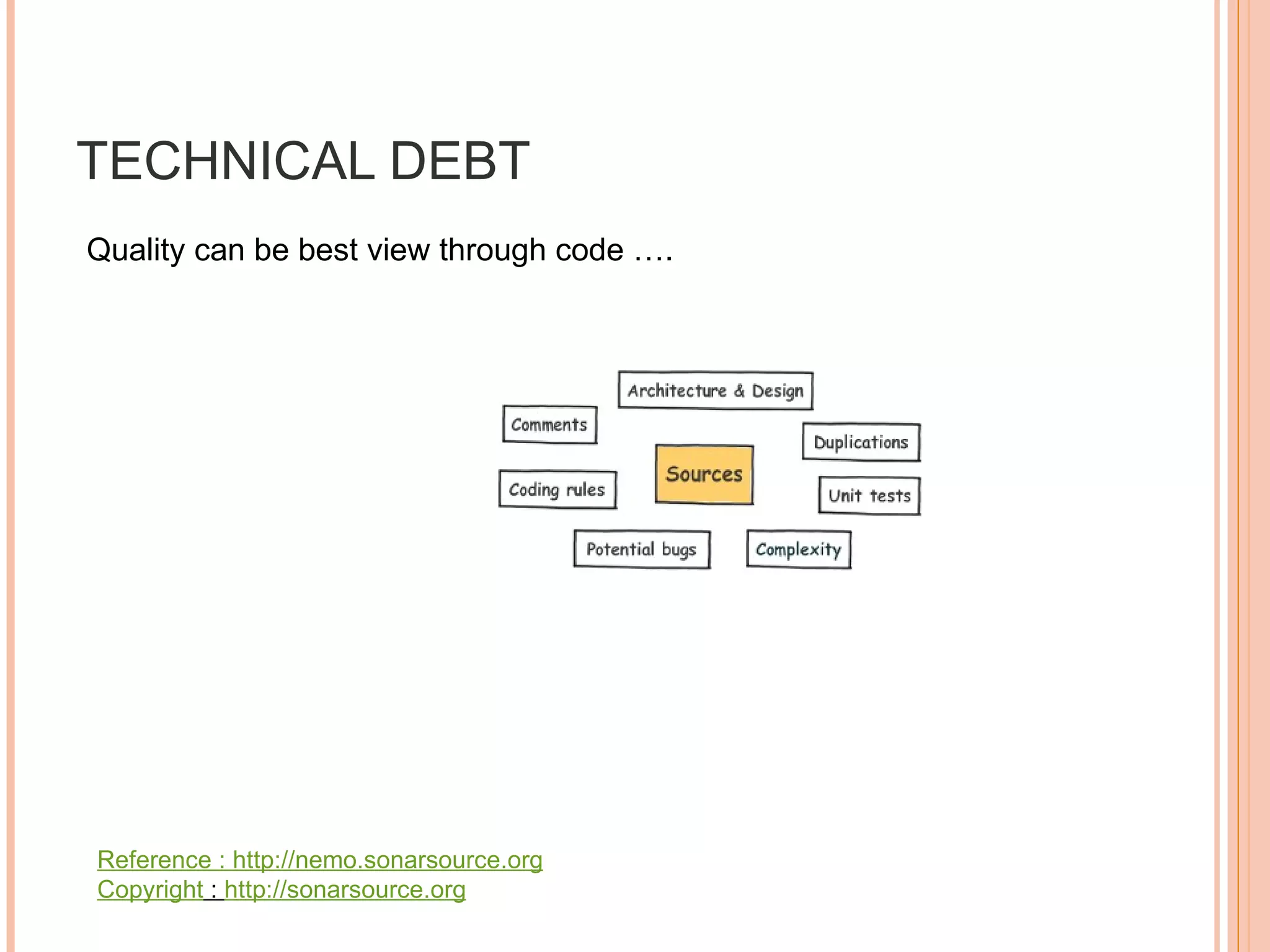 TECHNICAL DEBT Quality can be best view through code ….  Reference :  http://nemo.sonarsource.org Copyright  :  http://sonarsource.org 