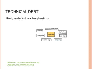 TECHNICAL DEBT Quality can be best view through code ….  Reference :  http://nemo.sonarsource.org Copyright  :  http://sonarsource.org 