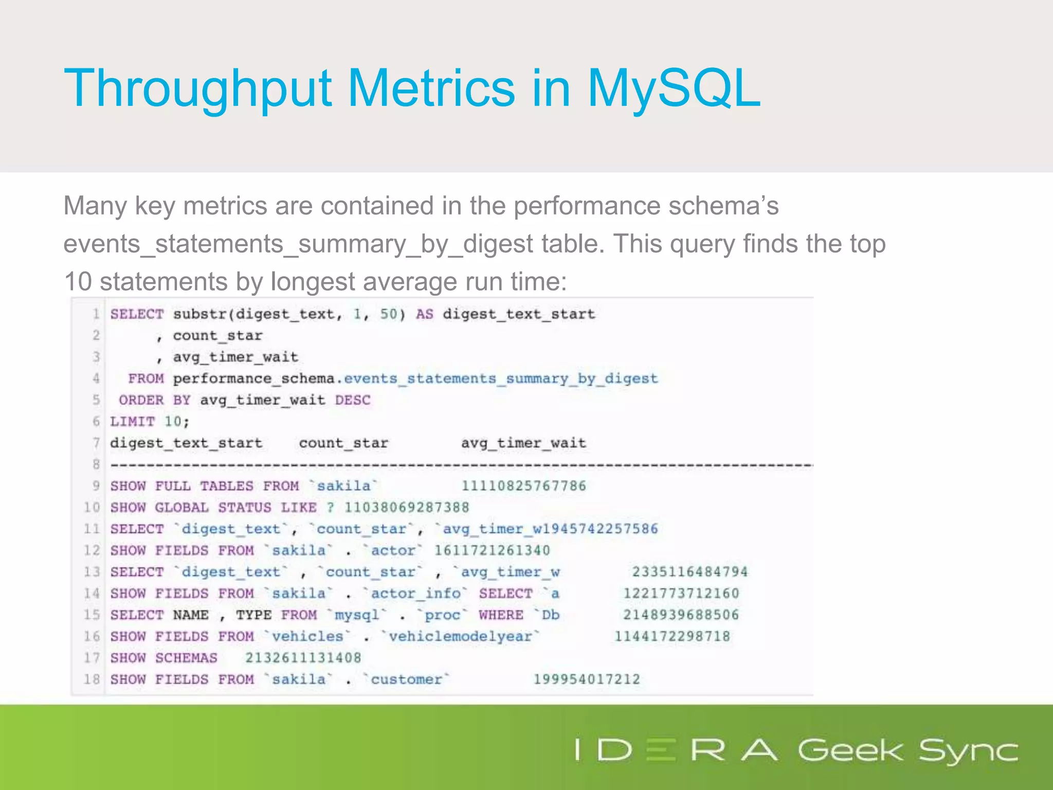 Throughput Metrics in MySQL
Many key metrics are contained in the performance schema’s
events_statements_summary_by_digest table. This query finds the top
10 statements by longest average run time:
 