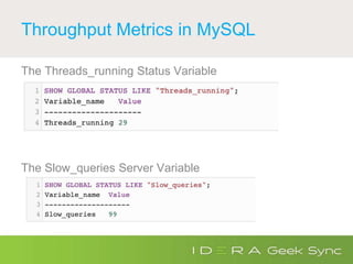 Throughput Metrics in MySQL
The Threads_running Status Variable
The Slow_queries Server Variable
 