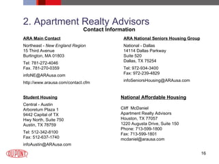 2. Apartment Realty Advisors ARA Main Contact Northeast -  New England Region 15 Third Avenue Burlington, MA 01803 Tel: 781-272-4046 Fax. 781-270-0359 [email_address] http://www.arausa.com/contact.cfm ARA National Seniors Housing Group National - Dallas 14114 Dallas Parkway Suite 520 Dallas, TX 75254  Tel: 972-934-3400 Fax: 972-239-4829  [email_address] Student Housing Central - Austin Arboretum Plaza 1 9442 Capital of TX Hwy North, Suite 750 Austin, TX 78759 Tel: 512-342-8100 Fax: 512-637-1740 [email_address] National Affordable Housing Cliff  McDaniel Apartment Realty Advisors Houston, TX 77057 1220 Augusta Drive, Suite 150 Phone: 713-599-1800 Fax: 713-599-1801 [email_address] Contact Information 