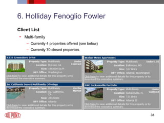 6. Holliday Fenoglio Fowler Client List Multi-family Currently 4 properties offered (see below) Currently 70 closed properties  