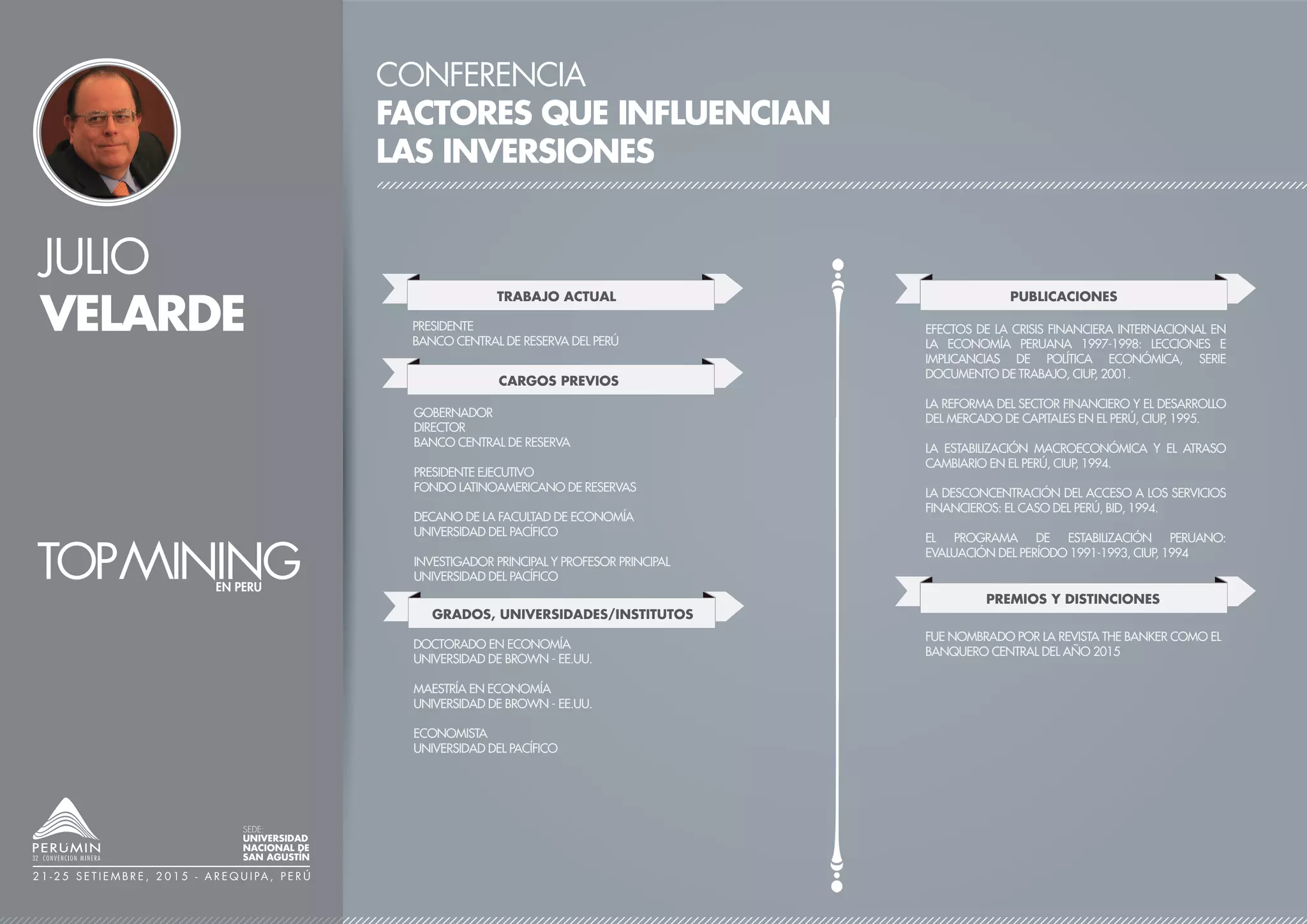CONFERENCIA
FACTORES QUE INFLUENCIAN
LAS INVERSIONES
TRABAJO ACTUAL
CARGOS PREVIOS
PRESIDENTE
BANCO CENTRAL DE RESERVA DEL PERÚ
GOBERNADOR
DIRECTOR
BANCO CENTRAL DE RESERVA
PRESIDENTE EJECUTIVO
FONDO LATINOAMERICANO DE RESERVAS
DECANO DE LA FACULTAD DE ECONOMÍA
UNIVERSIDAD DEL PACÍFICO
INVESTIGADOR PRINCIPAL Y PROFESOR PRINCIPAL
UNIVERSIDAD DEL PACÍFICO
GRADOS, UNIVERSIDADES/INSTITUTOS
DOCTORADO EN ECONOMÍA
UNIVERSIDAD DE BROWN - EE.UU.
MAESTRÍA EN ECONOMÍA
UNIVERSIDAD DE BROWN - EE.UU.
ECONOMISTA
UNIVERSIDAD DEL PACÍFICO
PUBLICACIONES
PREMIOS Y DISTINCIONES
EFECTOS DE LA CRISIS FINANCIERA INTERNACIONAL EN
LA ECONOMÍA PERUANA 1997-1998: LECCIONES E
IMPLICANCIAS DE POLÍTICA ECONÓMICA, SERIE
DOCUMENTO DE TRABAJO, CIUP, 2001.
LA REFORMA DEL SECTOR FINANCIERO Y EL DESARROLLO
DEL MERCADO DE CAPITALES EN EL PERÚ, CIUP, 1995.
LA ESTABILIZACIÓN MACROECONÓMICA Y EL ATRASO
CAMBIARIO EN EL PERÚ, CIUP, 1994.
LA DESCONCENTRACIÓN DEL ACCESO A LOS SERVICIOS
FINANCIEROS: EL CASO DEL PERÚ, BID, 1994.
EL PROGRAMA DE ESTABILIZACIÓN PERUANO:
EVALUACIÓN DEL PERÍODO 1991-1993, CIUP, 1994
FUE NOMBRADO POR LA REVISTA THE BANKER COMO EL
BANQUERO CENTRAL DEL AÑO 2015
JULIO
VELARDE
SEDE:
UNIVERSIDAD
NACIONAL DE
SAN AGUSTÍN
2 1 - 2 5 S E T I E M B R E , 2 0 1 5 - A R E Q U I PA , P E R Ú
 