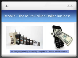 Mobile - The Multi-Trillion Dollar Business




    For every single laptop or desktop computer – 3 mobile devices are sold
 