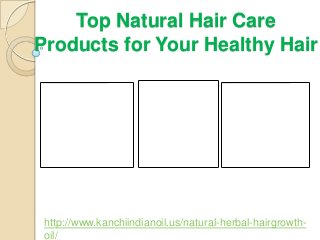Top Natural Hair Care
Products for Your Healthy Hair




 http://www.kanchiindianoil.us/natural-herbal-hairgrowth-
 oil/
 