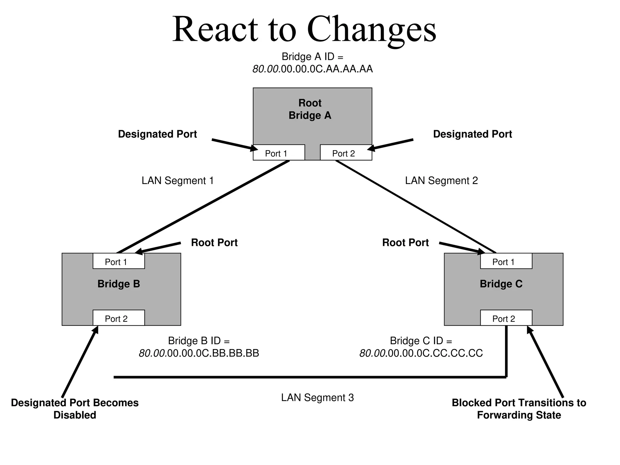 React to Changes
Bridge B Bridge C
Root
Bridge A
Bridge A ID =
80.00.00.00.0C.AA.AA.AA
Bridge B ID =
80.00.00.00.0C.BB.BB.BB
Bridge C ID =
80.00.00.00.0C.CC.CC.CC
Port 1
Port 2
Port 1
Port 2
Port 1 Port 2
LAN Segment 2
LAN Segment 1
LAN Segment 3
Root Port Root Port
Designated Port Designated Port
Designated Port Becomes
Disabled
Blocked Port Transitions to
Forwarding State
 