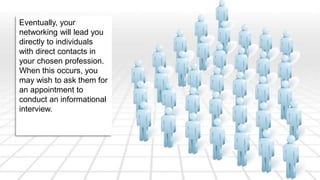 Eventually, your 
networking will lead you 
directly to individuals 
with direct contacts in 
your chosen profession. 
When this occurs, you 
may wish to ask them for 
an appointment to 
conduct an informational 
interview. 
 