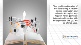 Your goal in an interview of 
this type is only to receive 
advice, information, and 
referrals. Although it may 
happen, never go into an 
informational interview with 
the expectation that you will 
be offered a job. 
 
