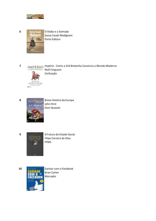 6    O Diabo e a Gemada
     Sveva Casati Modignani
     Porto Editora




7    Império - Como a Grã-Bretanha Construiu o Mundo Moderno
     Niall Ferguson
     Civilização




8    Bréve História da Europa
     John Hirst
     Dom Quixote




9    O Futuro do Estado Social
     Filipe Carreira da Silva
     FFMS




10   Ganhar com o Facebook
     Brian Carter
     Marcador
 