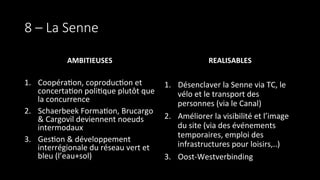 8  –  La  Senne
AMBITIEUSES	
  
	
  
1.  Coopéra9on,	
  coproduc9on	
  et	
  
concerta9on	
  poli9que	
  plutôt	
  que	
  
la	
  concurrence	
  
2.  Schaerbeek	
  Forma9on,	
  Brucargo	
  
&	
  Cargovil	
  deviennent	
  noeuds	
  
intermodaux	
  
3.  Ges9on	
  &	
  développement	
  
interrégionale	
  du	
  réseau	
  vert	
  et	
  
bleu	
  (l’eau+sol)	
  
REALISABLES	
  
1.  Désenclaver	
  la	
  Senne	
  via	
  TC,	
  le	
  
vélo	
  et	
  le	
  transport	
  des	
  
personnes	
  (via	
  le	
  Canal)	
  
2.  Améliorer	
  la	
  visibilité	
  et	
  l’image	
  
du	
  site	
  (via	
  des	
  événements	
  
temporaires,	
  emploi	
  des	
  
infrastructures	
  pour	
  loisirs,..)	
  
3.  Oost-­‐Westverbinding	
  
 
