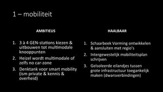 1  –  mobiliteit
AMBITIEUS	
  
	
  
1.  3	
  à	
  4	
  GEN-­‐sta9ons	
  kiezen	
  &	
  
uitbouwen	
  tot	
  mul9modale	
  
knooppunten	
  
2.  Heizel	
  wordt	
  mul9modale	
  of	
  
zelfs	
  no	
  car-­‐zone	
  
3.  Denktank	
  voor	
  smart	
  mobility	
  
(ism	
  private	
  &	
  kennis	
  &	
  
overheid)	
  
	
  
HAALBAAR	
  
1.  Schaarbeek	
  Vorming	
  ontwikkelen	
  
&	
  aansluiten	
  met	
  regio’s	
  
2.  Intergewestelijk	
  mobiliteitsplan	
  
schrijven	
  
3.  Geïsoleerde	
  eilandjes	
  tussen	
  
grote	
  infrastructuur	
  toegankelijk	
  
maken	
  (dwarsverbindingen)	
  
 