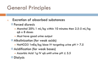 General Principles
4. Excretion of absorbed substances
¤ Forced diuresis
■ Mannitol 20% 1 mL/kg within 10 minutes then 2.5-5 mL/kg
q6 x 8 doses
■ Must have good urine output
¤ Alkalinization (for weak acids)
■ NaHCO3 1mEq/kg/dose IV targeting urine pH > 7.5
¤ Acidification (for weak bases)
■ Ascorbic Acid 1g IV q6 until urine pH ≤ 5.5
¤ Dialysis
 
