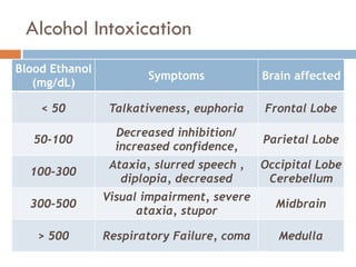 Alcohol Intoxication
Blood Ethanol
(mg/dL)
Symptoms Brain affected
< 50 Talkativeness, euphoria Frontal Lobe
50-100
Decreased inhibition/
increased confidence,
emotional instability, slow
Parietal Lobe
100-300
Ataxia, slurred speech ,
diplopia, decreased
attention span
Occipital Lobe
Cerebellum
300-500
Visual impairment, severe
ataxia, stupor
Midbrain
> 500 Respiratory Failure, coma Medulla
 