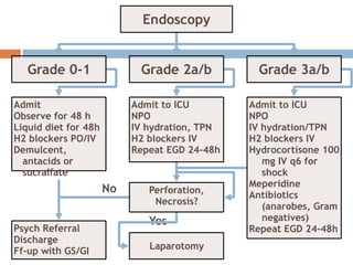 Grade 0-1 Grade 2a/b Grade 3a/b
Endoscopy
Admit to ICU
NPO
IV hydration, TPN
H2 blockers IV
Repeat EGD 24-48h
Admit to ICU
NPO
IV hydration/TPN
H2 blockers IV
Hydrocortisone 100
mg IV q6 for
shock
Meperidine
Antibiotics
(anarobes, Gram
negatives)
Repeat EGD 24-48h
Admit
Observe for 48 h
Liquid diet for 48h
H2 blockers PO/IV
Demulcent,
antacids or
sucralfate
Psych Referral
Discharge
Ff-up with GS/GI
Perforation,
Necrosis?
Laparotomy
Yes
No
 