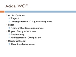 Acids: WOF
Acute abdomen
¤ Surgery
¤ Lifelong vitamin B12 if gastrectomy done
Shock
¤ Fluids, antibiotics as appropriate
Upper airway obstruction
¤ Tracheostomy
¤ Hydrocortisone 100 mg IV q6
Upper GI Bleed
¤ Blood transfusion, surgery
 