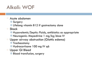 Alkali: WOF
Acute abdomen
¤ Surgery
¤ Lifelong vitamin B12 if gastrectomy done
Shock
¤ Hypovolemic/Septic: Fluids, antibiotics as appropriate
¤ Neurogenic: Mepedirine 1 mg/kg/dose IV
Upper airway obstruction (Glottic edema)
¤ Tracheostomy
¤ Hydrocortisone 100 mg IV q6
Upper GI Bleed
¤ Blood transfusion, surgery
 