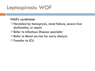 Leptospirosis: WOF
Weil’s syndrome
¤ Heralded by hemoptysis, renal failure, severe liver
dysfunction, or sepsis
¤ Refer to Infectious Disease specialist
¤ Refer to Renal service for early dialysis
¤ Transfer to ICU
 
