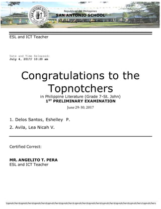 Republic of the Philippines
SAN ANTONIO SCHOOL
Aras-asan, Cagwait,SurigaodelSur
topnotcherstopnotcherstopnotcherstopnotcherstopnotcherstopnotcherstopnotcherstopnotcherstopnotcherstopnotcherstopnotchers
ESL and ICT Teacher
Date and Time Released:
July 4, 2017/ 10:20 am
Congratulations to the
Topnotchers
in Philippine Literature (Grade 7-St. John)
1ST
PRELIMINARY EXAMINATION
June29-30, 2017
1. Delos Santos, Eshelley P.
2. Avila, Lea Nicah V.
Certified Correct:
MR. ANGELITO T. PERA
ESL and ICT Teacher
 