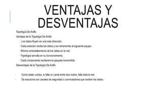 VENTAJAS Y
DESVENTAJASTopología De Anillo
Ventajas de la Topología De Anillo
· Los datos fluyen en una sola dirección.
· Cada estación recibe los datos y los retransmite al siguiente equipo.
· Mínimo embotellamiento de los datos en la red.
· Topología sencilla en su funcionamiento.
· Cada componente recibe/envía paquete transmitido.
Desventajas de la Topología De Anillo
· Como están unidos, si falla un canal entre dos nodos, falla toda la red.
· Se soluciona con canales de seguridad o conmutadores que reciben los datos.
 