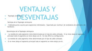 VENTAJAS Y
DESVENTAJAS Topología Jerárquica

Ventajas de la Topología Jerárquica
 ·Cableado punto a punto para segmentos individuales.· Soportado por multitud de vendedores de software y de
hardware.
Desventajas de la Topología Jerárquica
 ·La medida de cada segmento viene determinada por el tipo de cable utilizado.· Si se viene abajo el segmento
principal todo el segmento se viene abajo con él.· Es más difícil su configuración.
 ·La medida de cada segmento viene determinada por el tipo de cable utilizado.
 ·Si se viene abajo el segmento principal todo el segmento se viene abajo con él.
 