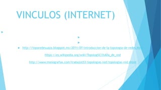 VINCULOS (INTERNET)



 http://toporedesuaza.blogspot.mx/2011/07/introduccion-de-la-topologia-de-redes.html
https://es.wikipedia.org/wiki/Topolog%C3%ADa_de_red
http://www.monografias.com/trabajos53/topologias-red/topologias-red.shtml
 