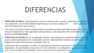  TOPOLOGÍA EN MAYA: Cada dispositivo tiene un enlace punto a punto y dedicado con cualquier
otro dispositivo. El término dedicado significa que el enlace conduce el tráfico únicamente
entre los dispositivos que conecta.
 Por tanto, una red en malla completamente conectada necesita n(n-1)/2 canales físicos para
enlazar n dispositivos. Para acomodar tantos enlaces, cada dispositivo de la red debe tener sus
puertos de entrada/salida
 TOPOLOGIA EN ESTRELLA: En la topología estrella cada dispositivo solamente tiene un enlace
punto a punto dedicado con el controlador central, habitualmente llamado concentrador. Los
dispositivos están directamente enlazados entre sí.
 A diferencia de la topología en malla, la topología en estrella no permite el tráfico directo de
dispositivos. El controlador actúa como un intercambiador: si un dispositivo quiere enviar datos a
otro, envía los datos al controlador, que los retransmite al dispositivo final.
DIFERENCIAS
 