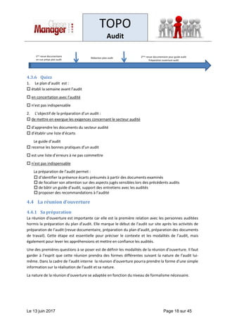 TOPO
Audit
Le 13 juin 2017 Page 18 sur 45
4.3.6 Quizz
1. Le plan d’audit est :
 établi la semaine avant l’audit
 en concertation avec l’audité
 n’est pas indispensable
2. L’objectif de la préparation d’un audit :
 de mettre en exergue les exigences concernant le secteur audité
 d’apprendre les documents du secteur audité
 d’établir une liste d’écarts
Le guide d’audit
 recense les bonnes pratiques d’un audit
 est une liste d’erreurs à ne pas commettre
 n’est pas indispensable
La préparation de l’audit permet :
 d’identifier la présence écarts présumés à partir des documents examinés
 de focaliser son attention sur des aspects jugés sensibles lors des précédents audits
 de bâtir un guide d’audit, support des entretiens avec les audités
 proposer des recommandations à l’audité
4.4 La réunion d’ouverture
4.4.1 Sa préparation
La réunion d’ouverture est importante car elle est la première relation avec les personnes auditées
hormis la préparation du plan d’audit. Elle marque le début de l’audit sur site après les activités de
préparation de l’audit (revue documentaire, préparation du plan d’audit, préparation des documents
de travail). Cette étape est essentielle pour préciser le contexte et les modalités de l’audit, mais
également pour lever les appréhensions et mettre en confiance les audités.
Une des premières questions à se poser est de définir les modalités de la réunion d’ouverture. Il faut
garder à l’esprit que cette réunion prendra des formes différentes suivant la nature de l’audit lui-
même. Dans la cadre de l’audit interne la réunion d’ouverture pourra prendre la forme d’une simple
information sur la réalisation de l’audit et sa nature.
La nature de la réunion d’ouverture se adaptée en fonction du niveau de formalisme nécessaire.
1ère revue documentaire
en vue prépa plan audit
Rédaction plan audit 2ème revue documentaire pour guide audit
Préparation ouverture audit
 