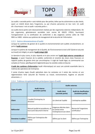 TOPO
Audit
Le 13 juin 2017 Page 2 sur 45
Les audits « seconde partie » sont réalisés pour des parties, telles que les actionnaires ou des clients,
ayant un intérêt direct dans l’organisme, ou par d’autres personnes en leur nom. Un audit
dit « Fournisseur » est un audit « seconde partie ».
Les audits tierce partie sont nécessairement réalisés par des organismes externes indépendants. De
tels organismes, généralement accrédités (voir norme NF ISO/CE 17021), fournissent
l’enregistrement ou la certification de conformité à des exigences comme celles de l’ISO
9001 ou 14001 relative aux systèmes de management de la sécurité de l'information.
2.2.3 Autres dénominations d’audit
Lorsque les systèmes de gestion de la qualité et environnemental sont audités simultanément, on
parle d’audit commun.
Lorsque le système de management de la Qualité, de l'Environnement et de la SST (Santé et sécurité
au travail) est intégré, on parle d’audit intégré QSE.
Le domaine le plus connu, le plus répandu et le plus ancien est l'audit légal externe comptable et
financier, à savoir l'examen de la validité, conformité et sincérité des divers états financiers et
rapports publics de gestion émis par une entreprise. Il s'agit de l'audit légal, ou commissariat aux
comptes en France, spécifiquement réglementé pour les sociétés cotées en bourse.
L'audit des systèmes d'information (audit informatique) est aussi une activité essentielle dans la
maîtrise des opérations de l'entreprise.
Il existe d'autres types d'audit spécialisés dans les contextes où il existe des normes et une
réglementation forte (sécurité de l'homme au travail, environnement, hygiène et sécurité
alimentaire...)
2.2.4 Tableau récapitulatif des principaux types d’audit
Types d’audits
Audit interne
(première partie)
Audits externes
Audit client
(seconde partie)
Audit de classification
(troisième partie)
Client
L’audité (l’entreprise, le
directeur
Un client de l’audité L’entreprise auditée
Référentiel
Manuel qualité et procédures, et
tout autre document interne
Exigences décrites dans
le contrat entre
l’entreprise et son client
Norme de l’organisme
certificateur
Domaines à auditer
Définis par l’entreprise elle-
même
Définis par le client Définis par l’entreprise
 