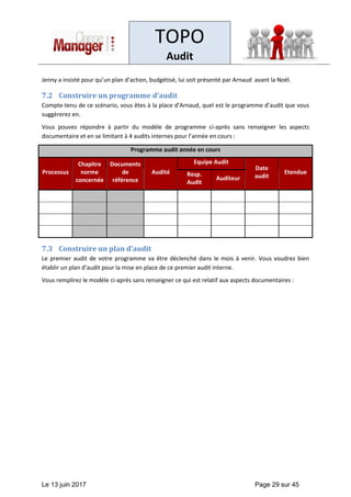 TOPO
Audit
Le 13 juin 2017 Page 29 sur 45
Jenny a insisté pour qu’un plan d’action, budgétisé, lui soit présenté par Arnaud avant la Noël.
7.2 Construire un programme d’audit
Compte-tenu de ce scénario, vous êtes à la place d’Arnaud, quel est le programme d’audit que vous
suggèrerez en.
Vous pouvez répondre à partir du modèle de programme ci-après sans renseigner les aspects
documentaire et en se limitant à 4 audits internes pour l’année en cours :
Programme audit année en cours
Processus
Chapitre
norme
concernée
Documents
de
référence
Audité
Equipe Audit
Date
audit
Etendue
Resp.
Audit
Auditeur
7.3 Construire un plan d’audit
Le premier audit de votre programme va être déclenché dans le mois à venir. Vous voudrez bien
établir un plan d’audit pour la mise en place de ce premier audit interne.
Vous remplirez le modèle ci-après sans renseigner ce qui est relatif aux aspects documentaires :
 