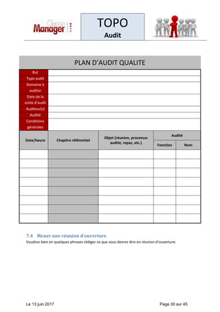 TOPO
Audit
Le 13 juin 2017 Page 30 sur 45
PLAN D’AUDIT QUALITE
But
Type audit
Domaine à
auditer
Date de la
visite d’audit
Auditeur(s)
Audité
Conditions
générales
Date/heure Chapitre référentiel
Objet (réunion, processus
audité, repas, etc.)
Audité
Fonction Nom
7.4 Mener une réunion d’ouverture
Voudrez bien en quelques phrases rédiger ce que vous devrez dire en réunion d’ouverture.
 