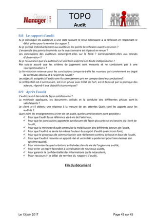 TOPO
Audit
Le 13 juin 2017 Page 45 sur 45
8.8 Le rapport d’audit
Ai-je convoqué les auditeurs à une date laissant le recul nécessaire à la réflexion et respectant le
délai prévu pour la remise du rapport ?
Ai-je précisé individuellement aux auditeurs les points de réflexion avant la réunion ?
L'ensemble des points énumérés sur le questionnaire est-il passé en revue ?
Les conclusions des auditeurs convergent-elles sur le fond ? Correspondent-elles aux relevés
d'observation ?
Ai-je l'assurance que les auditeurs se sont bien exprimés en toute indépendance ?
Me suis-je assuré que les critères de jugement sont mesurés et ne conduisent pas à une
«suroptimisation» ?
La formulation retenue pour les conclusions comporte-t-elle les nuances qui conviennent au degré
de certitude obtenu et à l'esprit de l'audit?
Les objectifs assignés à l'audit sont-ils correctement pris en compte dans les conclusions?
La référentiel est-il satisfaisant, est-il en phase avec l'état de l'art, est-il dépassé par la pratique des
acteurs, répond-il aux objectifs économiques?
8.9 Après l’audit
L'audit s'est-il déroulé de façon satisfaisante ?
La méthode appliquée, les documents utilisés et la conduite des différentes phases sont-ils
satisfaisants ?
Le client a-t-il obtenu une réponse à la mesure de ses attentes Quels sont les apports pour les
audités ?
Quels sont les enseignements à tirer de cet audit, quelles améliorations sont possibles :
✓ Pour que l'audit fasse référence vis-à-vis de l'extérieur,
✓ Pour que les conclusions apportées satisfassent de façon plus précise les besoins du client de
l'audit,
✓ Pour que la méthode d'audit amenuise la mobilisation des différents acteurs de l'audit,
✓ Pour que l'audité se sente lui-même l'auteur du rapport d'audit quant à son fond,
✓ Pour que le processus de communication soit réellement continu de bout en bout de l'audit,
✓ Pour que l'audité ressente un apport réel et un intérêt a posteriori pour faire évoluer son
système qualité,
✓ Pour minimiser les perturbations entraînées dans la vie de l'organisme audité,
✓ Pour créer un esprit favorable à la réalisation de nouveaux audits,
✓ Pour garantir la confidentialité des informations qui le nécessitent,
✓ Pour raccourcir le délai de remise du rapport d’audit.
Fin du document
 