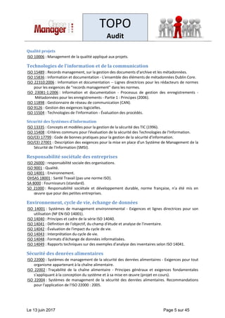 TOPO
Audit
Le 13 juin 2017 Page 5 sur 45
Qualité projets
ISO 10006 : Management de la qualité appliqué aux projets.
Technologies de l'information et de la communication
ISO 15489 : Records management, sur la gestion des documents d'archive et les métadonnées.
ISO 15836 : Information et documentation - L'ensemble des éléments de métadonnées Dublin Core.
ISO 22310:2006 : Information et documentation -- Lignes directrices pour les rédacteurs de normes
pour les exigences de "records management" dans les normes.
ISO 23081-1:2006 : Information et documentation - Processus de gestion des enregistrements -
Métadonnées pour les enregistrements - Partie 1 : Principes (2006).
ISO 11898 : Gestionnaire de réseau de communication (CAN).
ISO 9126 : Gestion des exigences logicielles.
ISO 15504 : Technologies de l'information - Évaluation des procédés.
Sécurité des Systèmes d'Information
ISO 13335 : Concepts et modèles pour la gestion de la sécurité des TIC (1996).
ISO 15408 : Critères communs pour l'évaluation de la sécurité des Technologies de l'Information.
ISO/CEI 17799 : Code de bonnes pratiques pour la gestion de la sécurité d'information.
ISO/CEI 27001 : Description des exigences pour la mise en place d'un Système de Management de la
Sécurité de l'Information (SMSI).
Responsabilité sociétale des entreprises
ISO 26000 : responsabilité sociale des organisations.
ISO 9001 : Qualité.
ISO 14001 : Environnement.
OHSAS 18001 : Santé Travail (pas une norme ISO).
SA 8000 : Fournisseurs (standard).
SD 21000 : Responsabilité sociétale et développement durable, norme française, n'a été mis en
œuvre que pour des petites entreprises.
Environnement, cycle de vie, échange de données
ISO 14001 : Systèmes de management environnemental - Exigences et lignes directrices pour son
utilisation (NF EN ISO 14001).
ISO 14040 : Principes et cadre de la série ISO 14040.
ISO 14041 : Définition de l'objectif, du champ d'étude et analyse de l'inventaire.
ISO 14042 : Évaluation de l'impact du cycle de vie.
ISO 14043 : Interprétation du cycle de vie.
ISO 14048 : Formats d'échange de données informatisées.
ISO 14049 : Rapports techniques sur des exemples d'analyse des inventaires selon ISO 14041.
Sécurité des denrées alimentaires
ISO 22000 : Systèmes de management de la sécurité des denrées alimentaires - Exigences pour tout
organisme appartenant à la chaîne alimentaire.
ISO 22002 : Traçabilité de la chaîne alimentaire - Principes généraux et exigences fondamentales
s'appliquant à la conception du système et à sa mise en œuvre (projet en cours).
ISO 22004 : Systèmes de management de la sécurité des denrées alimentaires. Recommandations
pour l'application de l'ISO 22000 : 2005.
 