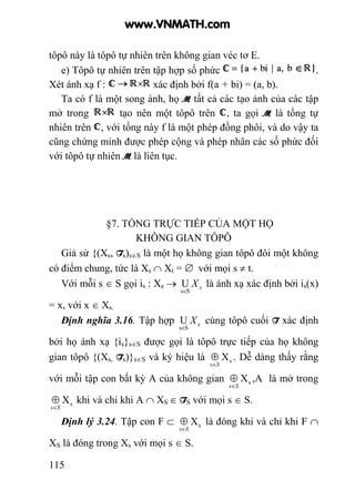 115
tôpô này là tôpô tự nhiên trên không gian véc tơ E.
e) Tôpô tự nhiên trên tập hợp số phức .
Xét ánh xạ f : xác định bởi f(a + bi) = (a, b).
Ta có f là một song ánh, họ M tất cả các tạo ảnh của các tập
mở trong tạo nên một tôpô trên , ta gọi M là tổng tự
nhiên trên , với tổng này f là một phép đồng phôi, và do vậy ta
cũng chứng minh được phép cộng và phép nhân các số phức đối
với tôpô tự nhiên M là liên tục.
§7. TỔNG TRỰC TIẾP CỦA MỘT HỌ
KHÔNG GIAN TÔPÔ
Giả sử {(Xs, Ts)s∈S là một họ không gian tôpô đôi một không
có điểm chung, tức là Xs ∩ Xt = ∅ với mọi s ≠ t.
Với mỗi s ∈ S gọi is : Xs → sX
Ss
U
∈
là ánh xạ xác định bởi is(x)
= x, với x ∈ Xs.
Định nghĩa 3.16. Tập hợp sX
Ss
U
∈
cùng tôpô cuối T xác định
bởi họ ánh xạ {is}s∈S được gọi là tôpô trực tiếp của họ không
gian tôpô {(Xs, Ts)}s∈S và ký hiệu là sX
Ss∈
⊕ . Dễ dàng thấy rằng
với mỗi tập con bất kỳ A của không gian sX
Ss∈
⊕ ,A là mở trong
sX
Ss∈
⊕ khi và chỉ khi A ∩ XS ∈ TS với mọi s ∈ S.
Định lý 3.24. Tập con F ⊂ sX
Ss∈
⊕ là đóng khi và chỉ khi F ∩
XS là đóng trong Xs với mọi s ∈ S.
www.VNMATH.com
 