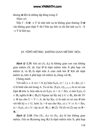 118
đương R đều là những tập đóng trong X.
Nhận xét.
Nếu f : X/R → Y là một ánh xạ từ không gian thương X/R
vào không gian tôpô Y thì f liên tục khi và chỉ khi ánh xạ f.i : X
→ Y là liên tục.
§9. TÔPÔ MÊTRIC, KHÔNG GIAN MÊTRIC HÓA
Định lý 3.29. Giả sử (A, dA) là không gian con của không
gian mêtric (X, d). Gọi T là tôpô mêtric trên X phù hợp với
mêtric d, và TA là tôpô trên A cảm sinh bởi T. Khi đó tôpô
mêtric dA trên A phù hợp với mêtric dA trùng với TA.
Chứng minh.
Với mỗi x ∈ A và r > 0, ký hiệu SA(x, r) = { y ∈ A | d(x, y) <
r) là hình cầu mở trong A. Ta có họ {SA(x, r)}x∈A.r>0 là cơ sở của
tôpô B trên A, hơn nữa ta có SA(x, r) = A ∩ S(x, r) nên SA(x, r)
∈ TA nghĩa là B ⊂ TA(1) Ngược lại lấy tuỳ ý U ∈ TA, khi đó ∃V
∈ T sao cho U = V ∩ A, do họ S(x, r) là một cơ sở của T nên
với bất kỳ x ∈ U, luôn ∃ε > 0 sao cho S(x, ε) ⊂ V ⇒ A ∩ S(x,
ε) = SA(x, ε) ⊂ U. vậy ta có TA ⊂ B (2). Từ (l) và (2) suy ra T =
B.
Định lý 3.30. Cho (X1, d1) và (X2, d2) là hai không gian
mêtric. Giả sử T1(tương ứng T2) là tôpô mêtric trên X1 phù hợp
www.VNMATH.com
 