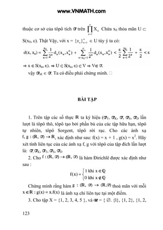 123
thuộc cơ sở của tôpô tích T trên ∏
∞
=1
nX
n
Chứa x0 thỏa mãn U ⊂
S(x0, ε). Thật Vậy, với x = ∞
=1}{ nnx ∈ U tùy ý ta có:
vậy TM ∈ T. Ta có điều phải chứng minh.
BÀI TẬP
1. Trên tập các số thực ta ký hiệu (TT, TK, T, TS, TD lần
lượt là tôpô thô, tôpô tạo bởi phần bù của các tập hữu hạn, tôpô
tự nhiên, tôpô Sorgent, tôpô rời rạc. Cho các ánh xạ
, xác định như sau: f(x) = x + 1 , g(x) = x2
. Hãy
xét tính liên tục của các ánh xạ f, g với tôpô của tập đích lần lượt
là: T, TK, TT, TS, TD
2. Cho là hàm Đirichlê được xác định như
sau :
Chứng minh rằng hàm thoả mãn với mỗi
là ánh xạ chỉ liên tục tại một điểm.
3. Cho tập X = {1, 2, 3, 4, 5 }, và U = { ∅. {l}, {1, 2}, {1, 2,
www.VNMATH.com
 