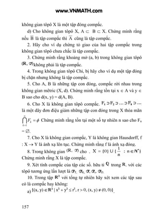 157
không gian tôpô X là một tập đóng compắc.
d) Cho không gian tôpô X, A ⊂ B ⊂ X. Chứng minh rằng
nếu B là tập compắc thì A cũng là tập compắc.
2. Hãy cho ví dụ chứng tỏ giao của hai tập compắc trong
không gian tôpô chưa chắc là tập compắc.
3. Chứng minh rằng khoảng mở (a, b) trong không gian tôpô
không phải là tập compắc.
4. Trong không gian tôpô Chi, bị hãy cho ví dụ một tập đóng
bị chặn nhưng không là tập compắc.
5. Cho A, B là những tập con đóng, compắc rời nhau trong
không gian mêtric (X, d). Chứng minh rằng tồn tại x ∈ A và y ∈
B sao cho d(x, y) = d(A, B).
6. Cho X là không gian tôpô compắc.
là một dãy đơn điệu giảm những tập con đóng trong X thỏa mãn
φ=
∞
=
I1k
kF Chứng minh rằng tồn tại một số tự nhiên n sao cho Fn
= ∅.
7. Cho X là không gian compắc, Y là không gian Hausdorff, f
: X → Y là ánh xạ lên tục. Chứng minh rằng f là ánh xạ đóng.
8. Trong không gian cho .
Chứng minh rằng X là tập compắc.
9. Xét tính compắc của tập các số. hữu tỉ trong . với các
tôpô tương ứng lần lượt là TT, TK, T, Ts. TD.
10. Trong tập với tổng tự nhiên hãy xét xem các tập sau
có là compắc hay không:
a) .
www.VNMATH.com
 
