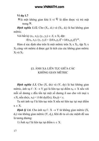 17
Ví dụ 1.7
là một không gian khả li vì là đếm được và trù mật
trong .
Định nghĩa 1.12. Cho (X1, d1) và (X2, d2) là hai không gian
mêtric.
Với bất kỳ (x1, x2), (y1, y2) ∈ X1 x X2 đặt:
Hàm d xác định như trên là một mêtric trên Xl x X2, tập Xl x
X2 cùng với mêtric d được gọi là tích của các không gian mêtric
Xl và X2
§3. ÁNH XẠ LIÊN TỤC GIỮA CÁC
KHÔNG GIAN MÊTRIC
Định nghĩa 1.3. Cho (X, dx) và (Y, dy) là hai không gian
mêtric, ánh xạ f : X → Y gọi là liên tục tại điểm x0 ∈ X nếu với
mỗi số dương ε đều tồn tại một số dương δ sao cho với mọi x
∈X, nếu dx(x, x0) < δ thì dy(f(x), f(x0)) < ε.
Ta nói ánh xạ f là liên tục trên X nếu nó liên tục tại mọi điểm
x ∈ X.
Định lý 1.6. Cho ánh xạ f : X → Y từ không gian mêtric (X,
dx) vào không gian mêtric (Y, dy), Khi đó ta có các mệnh đề sau
là tương đương:
1) Ánh xạ f là liên tục tại điểm x ∈ X.
www.VNMATH.com
 