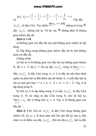 22
có . Vậy dãy
∞
=1}{ nnx là dãy Côsi. Tuy nhiên chứng tỏ trong
dãy ∞
=1}{ nnx không hội tụ. Và do vậy không phải là không
gian mêtric đầy đủ.
Định lý 1.10.
a) Không gian con đầy đủ của một không gian mêtric là tập
đóng.
b) Tập đóng trong không gian mêtric đầy đủ là một không
gian con đầy đủ.
Chứng minh.
a) Giả sử A là không gian con đầy đủ của không gian mêtric
X, lấy x ∈ A tuỳ ý => tồn tại dãy ∞
=1}{ nnx trong A: xx
n
n =
∞→
lim .
Dãy ∞
=1}{ nnx là dãy Côsi trong A, vì A là đầy đủ nên theo định
nghĩa nó phải hội tụ đến điểm nào đó thuộc A, vì mỗi dãy hội tụ
chỉ có một giới hạn => x ∈ A => A ⊂ A => A = A . Vậy A là
tập đóng trong X.
b) Giả sử A là tập đóng trong X và dãy ∞
=1}{ nnx là dãy Côsi
trong A. Vì nó cũng là dãy Côsi trong X, nên nó hội tụ:
0lim xx
n
n =
∞→
. Do A đóng nên x0 ∈ A. Vậy A là không gian con
đầy đủ.
Định lý 1.11. Giả sử ∞
=1}{ nnx là dãy Côsi trong không gian
mêtric (X, d), x0 ∈ X thoả mãn mỗi lân cận bất kỳ của x0 đều
chứa vô số điểm của dãy ∞
=1}{ nnx . Khi đó dãy ∞
=1}{ nnx hội tụ đến
www.VNMATH.com
 