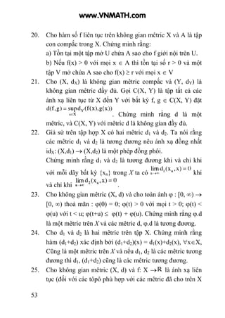 53
20. Cho hàm số f liên tục trên không gian mêtric X và A là tập
con compắc trong X. Chứng minh rằng:
a) Tồn tại một tập mở U chứa A sao cho f giới nội trên U.
b) Nếu f(x) > 0 với mọi x ∈ A thì tồn tại số r > 0 và một
tập V mở chứa A sao cho f(x) ≥ r với mọi x ∈ V
21. Cho (X, dX) là không gian mêtric compắc và (Y, dY) là
không gian mêtric đầy đủ. Gọi C(X, Y) là tập tất cả các
ánh xạ liên tục từ X đến Y với bất kỳ f, g ∈ C(X, Y) đặt
. Chứng minh rằng d là một
mêtric, và C(X, Y) với mêtric d là không gian đầy đủ.
22. Giả sử trên tập hợp X có hai mêtric d1 và d2. Ta nói rằng
các mêtric d1 và d2 là tương đương nêu ánh xạ đồng nhất
idX: (X,d1) → (X,d2) là một phép đồng phôi.
Chứng minh rằng d1 và d2 là tương đương khi và chỉ khi
với mỗi dãy bất kỳ {xn} trong X ta có khi
và chỉ khi .
23. Cho không gian mêtric (X, d) và cho toàn ánh ϕ : [0, ∞) →
[0, ∞) thoả mãn : ϕ(0) = 0; ϕ(t) > 0 với mọi t > 0; ϕ(t) <
ϕ(u) với t < u; ϕ(t+u) ≤ ϕ(t) + ϕ(u). Chứng minh rằng ϕ.d
là một mêtric trên X và các mêtric d, ϕ.d là tương đương.
24. Cho d1 và d2 là hai mêtric trên tập X. Chứng minh rằng
hàm (d1+d2) xác định bởi (d1+d2)(x) = d1(x)+d2(x), ∀x∈X,
Cũng là một mêtric trên X và nếu d1, d2 là các mêtric tương
đương thì d1, (d1+d2) cũng là các mêtric tương đương.
25. Cho không gian mêtric (X, d) và f: X → là ánh xạ liên
tục (đối với các tôpô phù hợp với các mêtric đã cho trên X
www.VNMATH.com
 