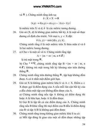 54
và ). Chứng minh rằng ánh xạ:
là mêtric trên X và d, δ là các mêtric tương đương.
26. Giả sử (X, d) là không gian mêtric bất kỳ, k là một số thực
dương cố định cho trước. Với mọi x, y ∈ X đặt:
δ (x, y) = min{d(x, y), k}.
Chứng minh rằng δ là một mêtric trên X thỏa mãn d và δ
là hai mêtric lương đương.
27. a) Cho v là một số vô tỉ. Chứng minh rằng tập:
A = {m + nv | m, n }
là trù mật trong .
b) Cho , chứng minh rằng tập B ={m + nr | m, n
} không trù mật trong bất kỳ khoảng nào trên đường
thẳng .
28. Chứng minh rằng trên đường thẳng , tập hợp không đếm
được A có ít nhất một điểm giới hạn.
29. Giả sử X là không gian mêtric khả li và A ⊂ X. Điểm a ∈
X được gọi là điểm đọng của A nếu mỗi lân cận bất kỳ của
a đều chứa một tập con không đếm được của A.
a) Chứng minh rằng nếu tập A không có điểm đọng thì
hoặc A là hữu hạn, hoặc A là đếm được.
b) Gọi B là tập tất cả các điểm đọng của A. Chứng minh
rằng nếu B khác rỗng thì mọi điểm của B đều là điểm đọng
của B và tập AB là không quá đếm được
30. Chứng minh rằng trong không gian mêtric khả li ta có:
a) Mỗi tập đóng là giao của một số đếm được những tập
www.VNMATH.com
 