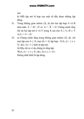 55
mở.
b) Mỗi tập mở là hợp của một số đầu được những tập
đóng.
31. Trong không gian mêtric (X, d) cho hai tập hợp A và B
thỏa mãn A ∩ B = ∅ và A ∩ B = ∅. Chứng minh rằng
tồn tại hai tập mở U và V trong X sao cho A ⊂ U, B ⊂ V
và U ∩ V = ∅.
32. a) Chứng minh rằng trong không gian mêtric (X, d), với
mọi tập con A ⊂ X, mọi số r > 0, tập hợp : V(A, r) = { x ∈
X | d(x, A) < r } luôn là tập mở.
b) Hãy chỉ ra ví dụ chứng tỏ rằng tập:
W(A, r) = { x ∈ X | d(x, A) ≤ r, r > 0 }
không nhất thiết là tập đóng.
www.VNMATH.com
 