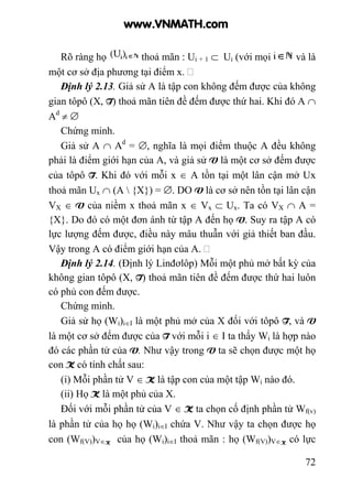 72
Rõ ràng họ thoả mãn : Ui + 1 ⊂ Ui (với mọi và là
một cơ sở địa phương tại điểm x.
Định lý 2.13. Giả sử A là tập con không đếm được của không
gian tôpô (X, T) thoả mãn tiên đề đếm được thứ hai. Khi đó A ∩
Ad
≠ ∅
Chứng minh.
Giả sử A ∩ Ad
= ∅, nghĩa là mọi điểm thuộc A đều không
phải là điểm giới hạn của A, và giả sử V là một cơ sở đếm được
của tôpô T. Khi đó với mỗi x ∈ A tồn tại một lân cận mở Ux
thoả mãn Ux ∩ (A  {X}) = ∅. DO V là cơ sở nên tồn tại lân cận
VX ∈ V của niềm x thoả mãn x ∈ Vx ⊂ Ux. Ta có VX ∩ A =
{X}. Do đó có một đơn ánh từ tập A đến họ V. Suy ra tập A có
lực lượng đếm được, điều này mâu thuẫn với giả thiết ban đầu.
Vậy trong A có điểm giới hạn của A.
Định lý 2.14. (Định lý Linđơlôp) Mỗi một phủ mở bất kỳ của
không gian tôpô (X, T) thoả mãn tiên đề đếm được thứ hai luôn
có phủ con đếm được.
Chứng minh.
Giả sử họ (Wi)i∈I là một phủ mở của X đối với tôpô T, và V
là một cơ sở đếm được của T với mỗi i ∈ I ta thấy Wi là hợp nào
đó các phần tử của V. Như vậy trong V ta sẽ chọn được một họ
con K có tính chất sau:
(i) Mỗi phần tử V ∈ K là tập con của một tập Wi nào đó.
(ii) Họ K là một phủ của X.
Đối với mỗi phần tử của V ∈ K ta chọn cố định phần tử Wf(v)
là phần tử của họ họ (Wi)i∈I chứa V. Như vậy ta chọn được họ
con (Wf(V))V∈K của họ (Wi)i∈I thoả mãn : họ (Wf(V))V∈K có lực
www.VNMATH.com
 