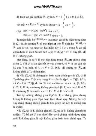93
d) Trên tập các số thực , ký hiệu Y = {
k
1
{ k ≠ 0, k ∈ }.
với mỗi ký hiệu Oi(x) = (x -
i
1
, x +
i
1
).
Gọi : nếu x ≠ 0,
nếu x = 0.
Ta nhận thấy họ thoả mãn các điều kiện trong định
lý (2.11), do đó trên có một tôpô M trên nhận họ
làm cơ sở. Rõ ràng với hai điểm tuỳ ý x ≠ y trong có thể
chọn được m và n đủ lớn để Om(x) ⊂ On(y) = ∅. vì vậy ( , M)
là T2-không gian.
Mặt khác, ta có Y là một tập đóng trong ( , M) không chứa
điểm 0. Với U là lân cận bất kỳ của điểm 0, và V là lân cận bất
kỳ của Y ta luôn có U ∩ V ≠ ∅. Điều đó chứng tỏ ( , M)
không phải là T3-không gian.
d) Nếu (X, T) là không gian hoàn toàn chính quy thì (X, T) là
T3-không gian. Thật vậy trong X ta xét các tập U = f-1
([0, 1/2)),
và V = f-1
((1/2,1]), do đó f là ánh xạ liên tục và các tập [0, 1/2),
(1/2 , 1] là tập mở trong không gian tôpô [0, 1] nên ta có U và V
là mở trong X thoả mãn x ∈ U, F ⊂ V và U ∩ V = ∅.
Tồn tại những không gian tôpô là T3 - không gian nhưng
không là không gian tôpô hoàn toàn chính quy. Nhưng do việc
xây dựng những không gian đó khá phức tạp nên ta không đưa
ra ở đây.
Nếu (X, T) là T4 không gian thì (X, T) là T3-không gian (hiển
nhiên). Từ bổ đề Urison dưới đây ta sẽ chứng minh được rằng
mỗi T4-không gian là một không gian hoàn toàn chính quy. Ta
www.VNMATH.com
 
