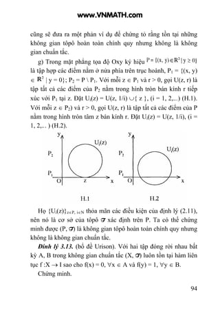 94
cũng sẽ đưa ra một phản ví dụ để chứng tỏ rằng tồn tại những
không gian tôpô hoàn toàn chính quy nhưng không là không
gian chuẩn tắc.
g) Trong mặt phẳng tọa độ Oxy ký hiệu
là tập hợp các điểm nằm ở nửa phía trên trục hoành, P1 = {(x, y)
∈ | y = 0}; P2 = P  P1. Với mỗi z ∈ P1 và r > 0, gọi U(z, r) là
tập tất cả các điểm của P2 nằm trong hình tròn bán kính r tiếp
xúc với P1 tại z. Đặt Ui(z) = U(z, 1/i) ∪{ z }, (i = 1, 2,...) (H.1).
Với mỗi z ∈ P2) và r > 0, gọi U(z, r) là tập tất cả các điểm của P
nằm trong hình tròn tâm z bán kính r. Đặt Ui(z) = U(z, 1/i), (i =
1, 2,... ) (H.2).
Họ {Ui(z)}z∈P, i∈N thỏa mãn các điều kiện của định lý (2.11),
nên nó là cơ sở của tôpô T xác định trên P. Ta có thể chứng
minh được (P, T) là không gian tôpô hoàn toàn chính quy nhưng
không là không gian chuẩn tắc.
Đính lý 3.13. (bổ đề Urison). Với hai tập đóng rời nhau bất
kỳ A, B trong không gian chuẩn tắc (X, T) luôn tồn tại hàm liên
tục f :X → I sao cho f(x) = 0, ∀x ∈ A và f(y) = 1, ∀y ∈ B.
Chứng minh.
www.VNMATH.com
 