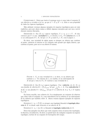 4 1. ESPACIOS TOPOL ´OGICOS
Comentario 1. Noten que tanto el conjungo vacio φ como todo el conjunto X
son abiertos y cerrados a la vez, ya que φc
= X y Xc
= φ. Esta es una propiedad
de todos los espacios topol´ogicos.
M´as adelante veremos algunos ejemplos de espacios topol´ogicos para ser m´as
explicitos, pero por ahora vamos a deﬁnir algunos conceptos que nos van a servir
durante nuestra discusi´on.
Definici´on 2. Sea (X, τX ) espacio topol´ogico, U ∈ τX y x ∈ U. Se dice
entonces que U es una vecindad de x, se denota x ∈ Ux. Un entorno de x ∈ X
es un sobconjunto N ⊂ X, tal que x ∈ N y existe Ux ⊂ N, vean la ﬁgura 1.
Es decir, una vecindad de alg´un punto es siempre un abierto que contiene
al punto, mientras el entorno es un conjunto m´as grande que alg´un abierto, que
contiene al punto, pero no es un abierto ´el mismo.
Figure 1. Ux es una vecindad de x, es decir, es un abierto que
contiene a x. Un entorno de x, en cambio, es un sobconjunto de
X tal que x esta en N y N contiene a una vecindad de x.
Definici´on 3. Sea (X, τX) espacio topol´ogico. Una cubierta de A ⊂ X, es
una familia de abiertos U = {Uα}α∈K tal que ∪
α∈K
Uα = A. Una subcubierta V
de U, es una familia V = {Vβ}β∈J tal que V es cubierta de A y Vα ∈ V implica
Vα ∈ U.
En forma sencilla, una cubierta de A es simplemente un conjunto de abiertos
que cubre todo el conjunto A y una subcubierta de la cubierta es un subconjunto
de la cubierta que tambi´en cubre A. Ahora veamos algunos ejemplos de espacios
topol´ogicos.
Exemplo 1. τX = P (X) es siempre una topolog´ıa llamada la topolog´ıa disc-
reta de X en donde cada elemento es un abierto de X.
Exemplo 2. τX = {φ, X} es llamada la topolog´ıa indiscreta de X.
Estos dos ejemplos nos dicen que todo conjunto tiene al menos dos topolog´ıas,
la discreta y la indiscreta. Es decir, se puede hacer de cualquier conjunto un espacio
topol´ogico, incluso de un conjunto de borreguitos del campo.
 