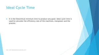 Ideal Cycle Time
 It is the theoretical minimum time to produce any good. Ideal cycle time is
used to calculate the efficiency rate of the machines, manpower and the
process.
http://www.downtimecollectionsolutions.com/
 