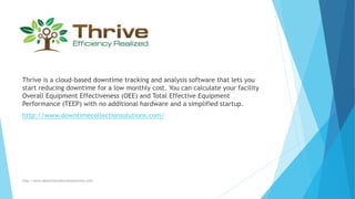 Thrive is a cloud-based downtime tracking and analysis software that lets you
start reducing downtime for a low monthly cost. You can calculate your facility
Overall Equipment Effectiveness (OEE) and Total Effective Equipment
Performance (TEEP) with no additional hardware and a simplified startup.
http://www.downtimecollectionsolutions.com/
http://www.downtimecollectionsolutions.com/
 