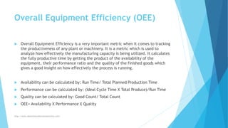 Overall Equipment Efficiency (OEE)
 Overall Equipment Efficiency is a very important metric when it comes to tracking
the productiveness of any plant or machinery. It is a metric which is used to
analyze how effectively the manufacturing capacity is being utilized. It calculates
the fully productive time by getting the product of the availability of the
equipment, their performance ratio and the quality of the finished goods which
gives a good insight on how effectively the process is running.
 Availability can be calculated by: Run Time/ Total Planned Production Time
 Performance can be calculated by: (Ideal Cycle Time X Total Produce)/Run Time
 Quality can be calculated by: Good Count/ Total Count
 OEE= Availability X Performance X Quality
http://www.downtimecollectionsolutions.com/
 